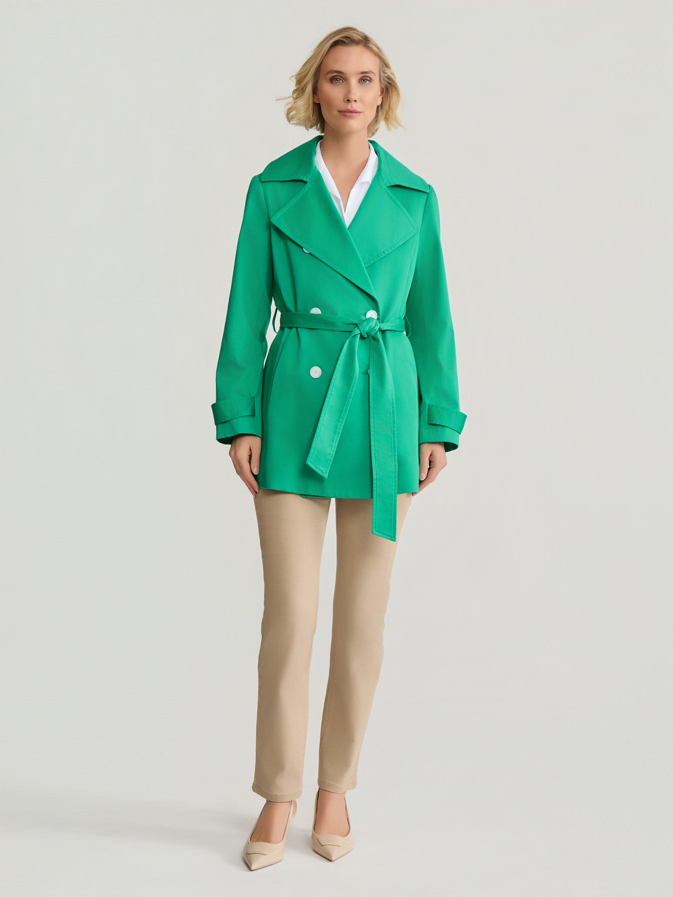 Double Breasted Trench Coat, Stretch Sateen