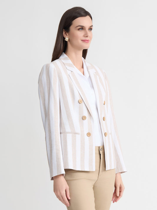 Petite Faux Double Breasted Jacket, Linen Stripe