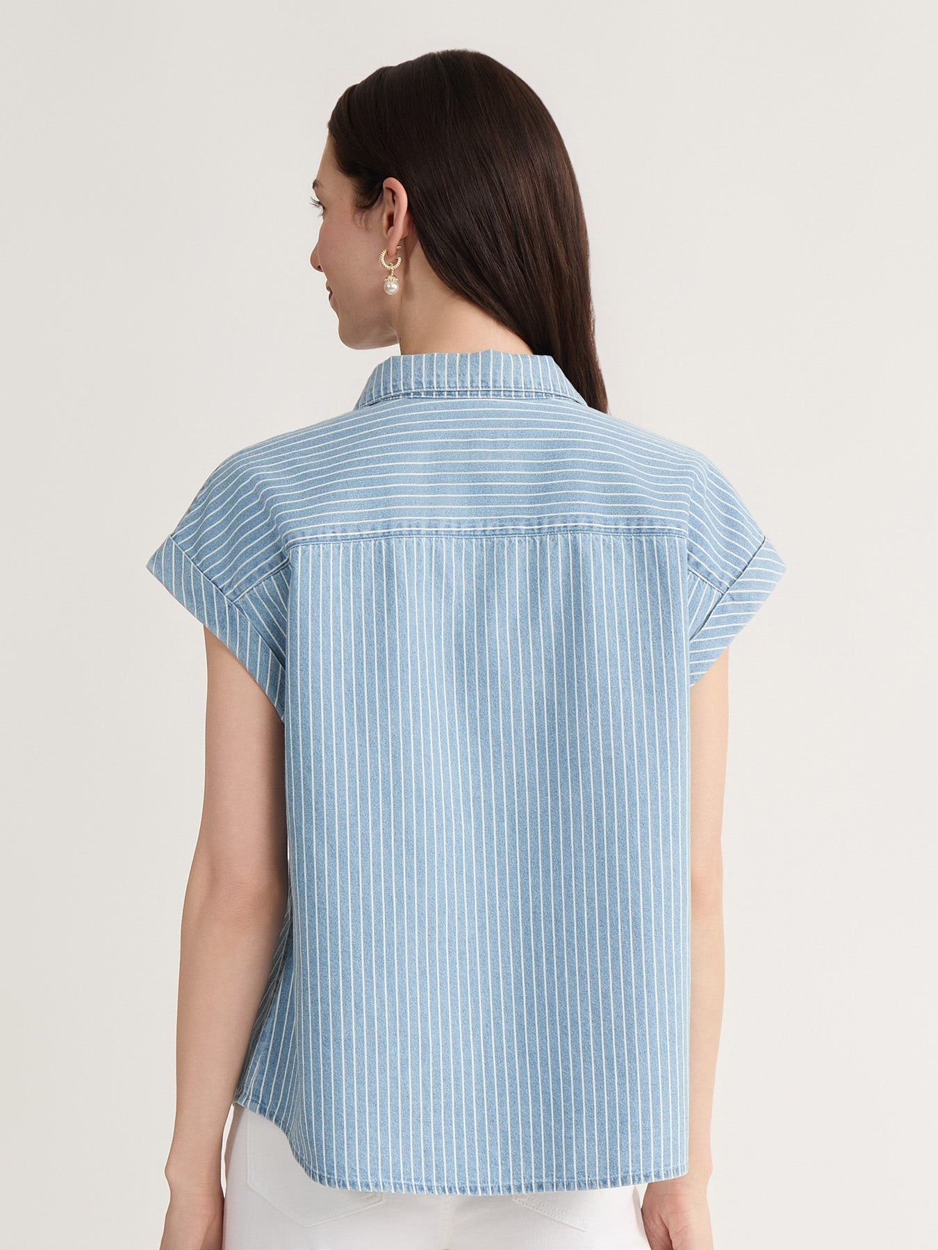 Petite Short Sleeve Button Front Shirt, Chambray