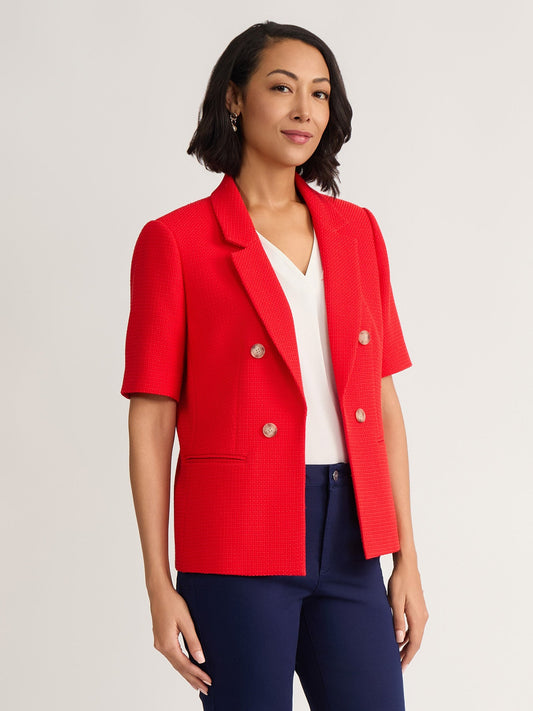 Short Sleeve Faux Double Breasted Blazer, Textured Woven