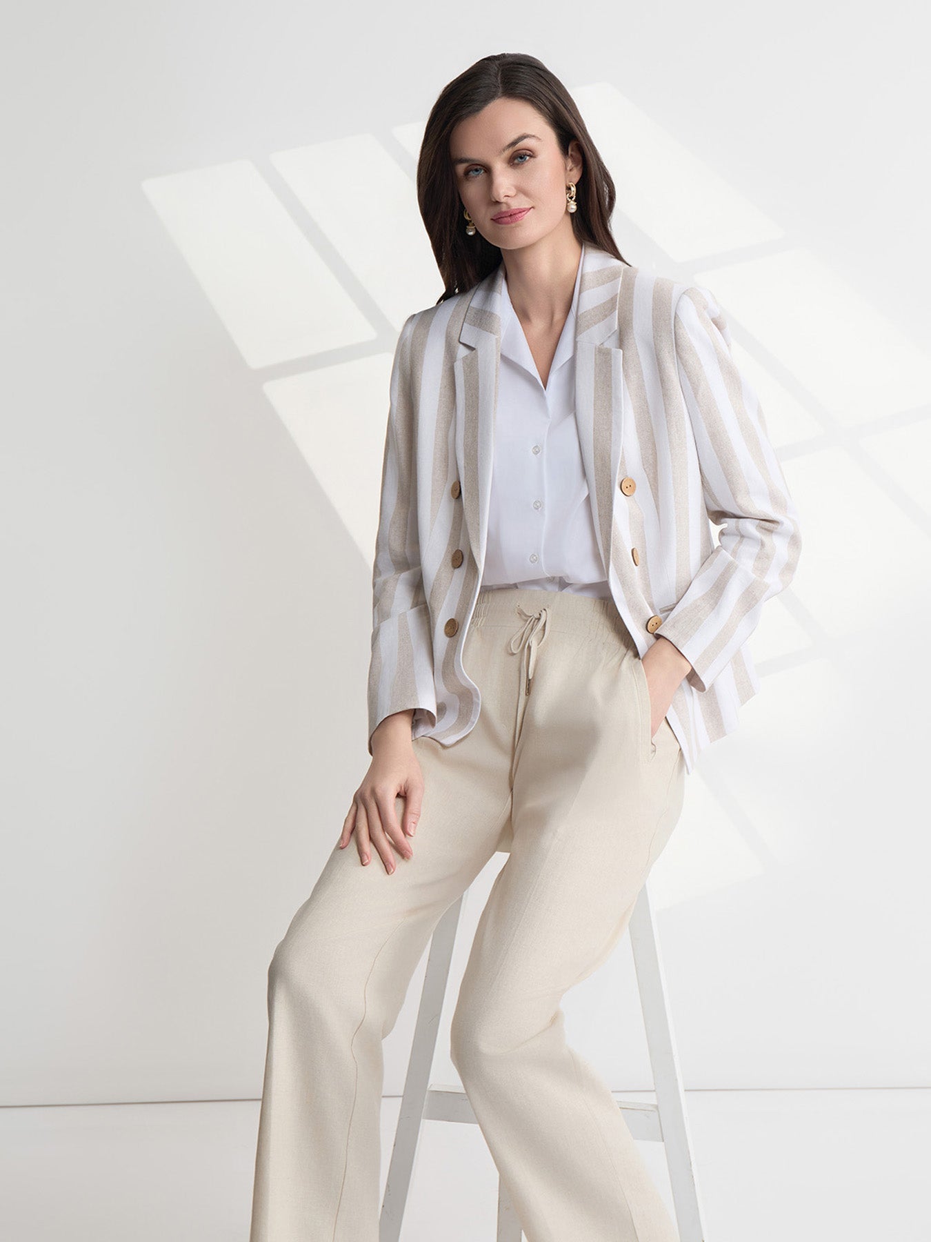 Faux Double Breasted Jacket, Linen Stripe