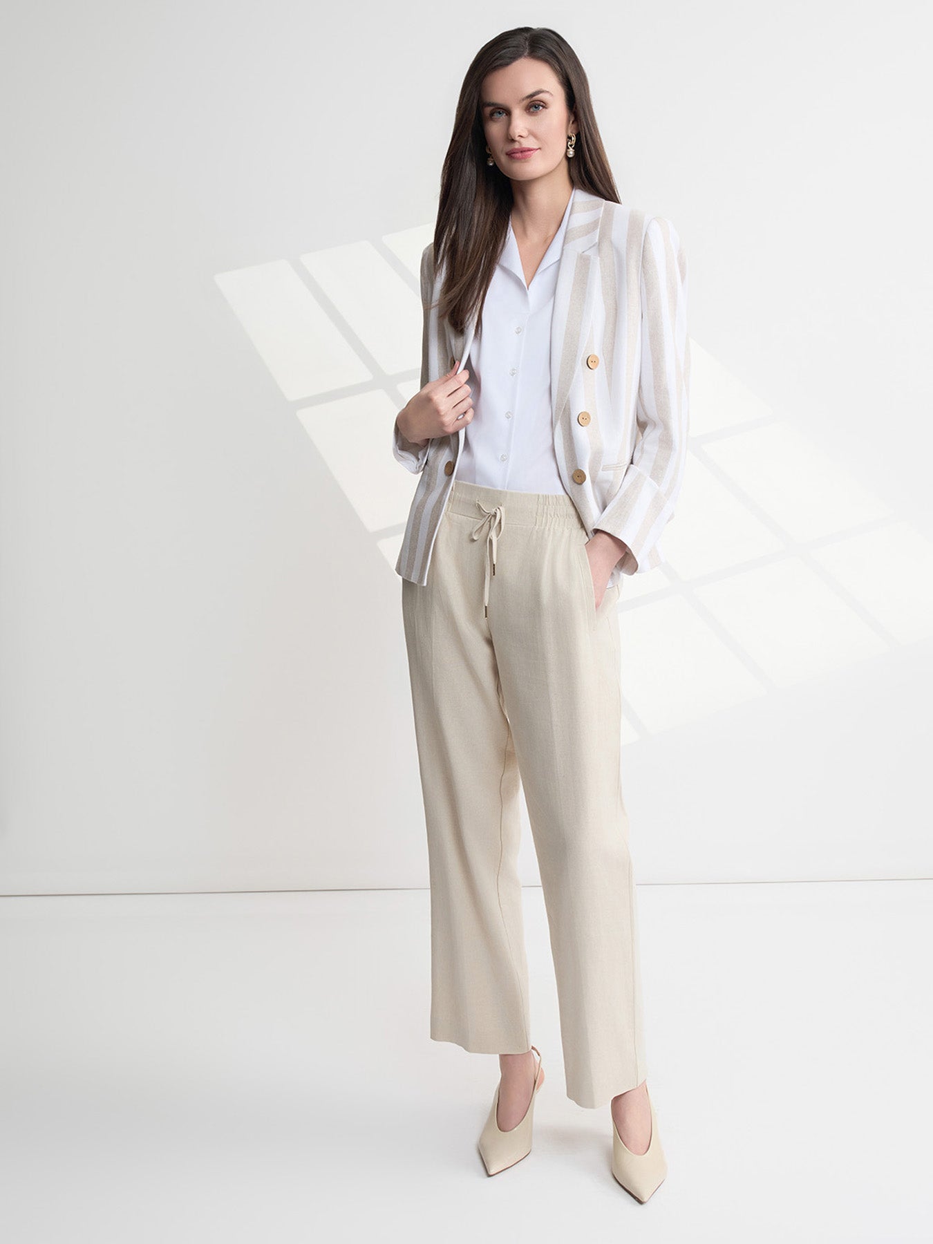 Faux Double Breasted Jacket, Linen Stripe