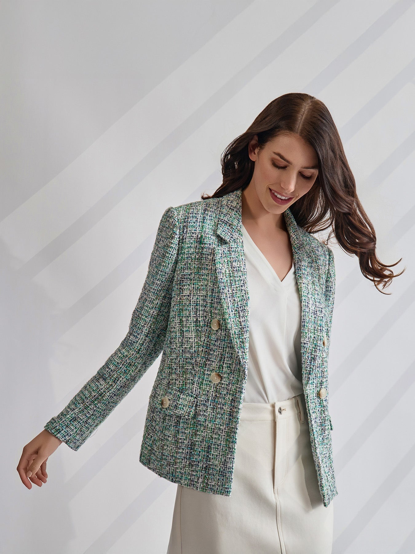 Petite Faux Double Breasted Jacket with Flap Pockets, Tweed