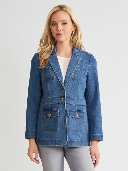 Petite Two Button Denim Blazer, Oasis Wash