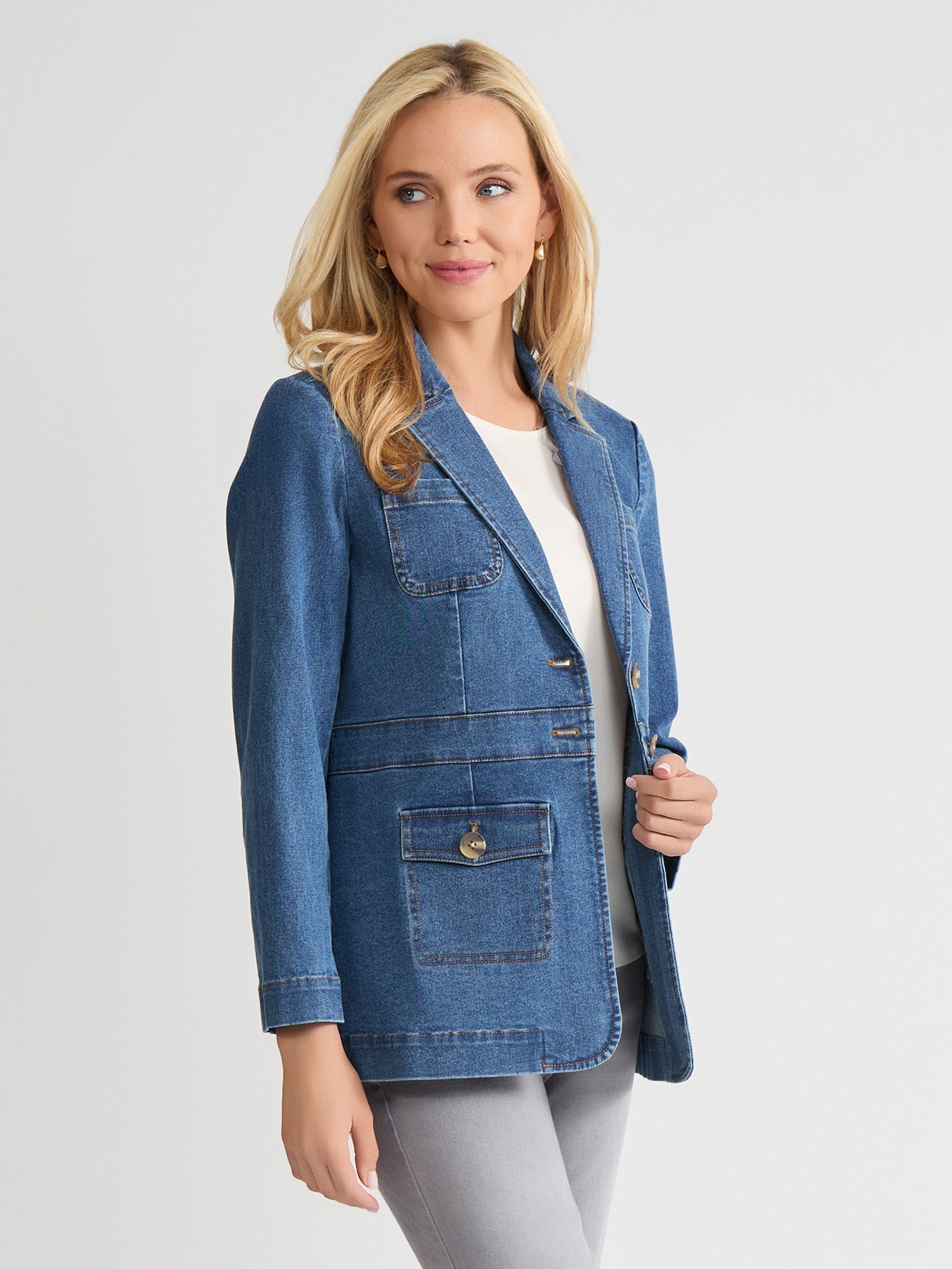 Petite Two Button Denim Blazer, Oasis Wash