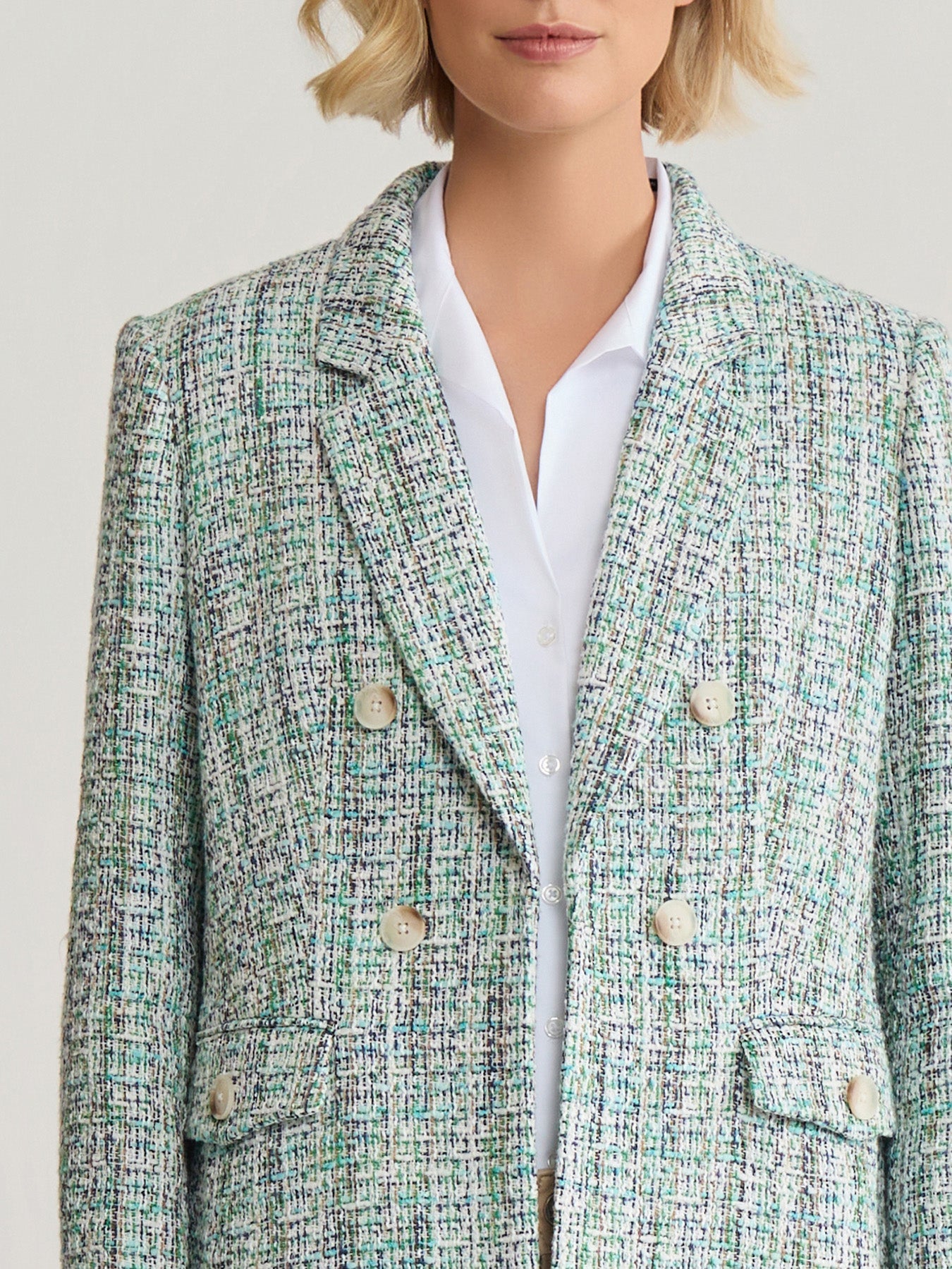 Petite Faux Double Breasted Jacket with Flap Pockets, Tweed
