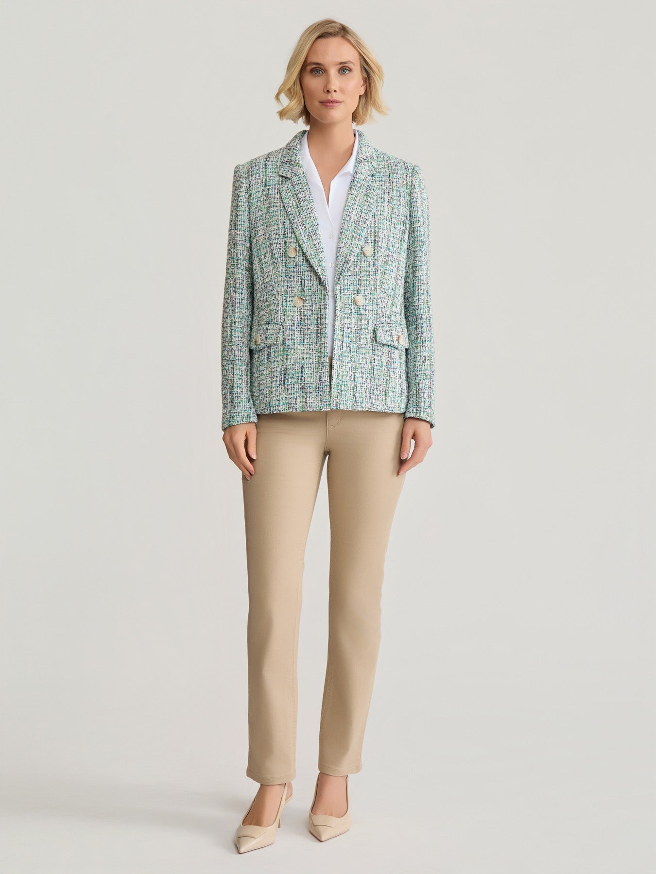 Petite Faux Double Breasted Jacket with Flap Pockets, Tweed