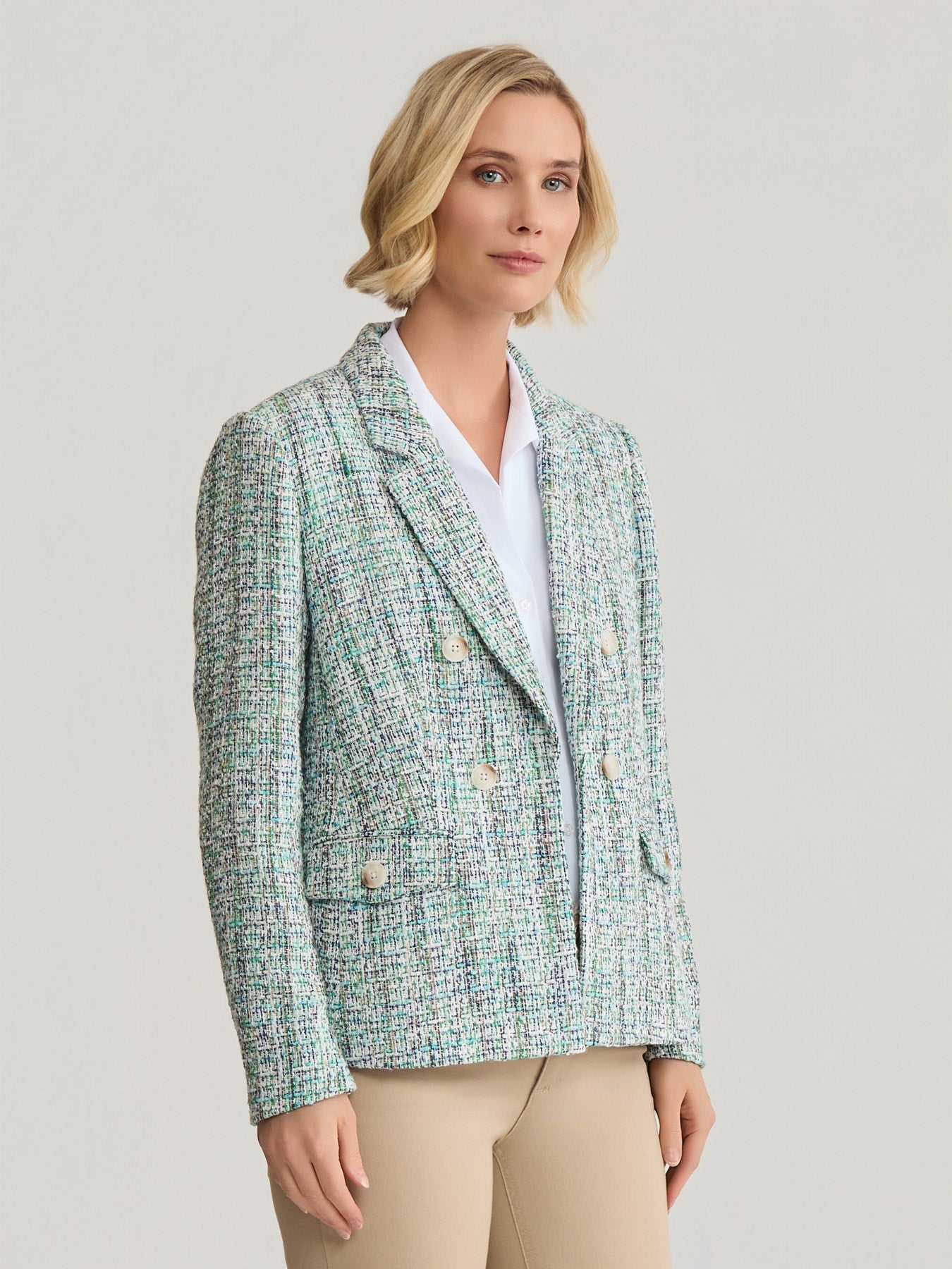 Petite Faux Double Breasted Jacket with Flap Pockets, Tweed