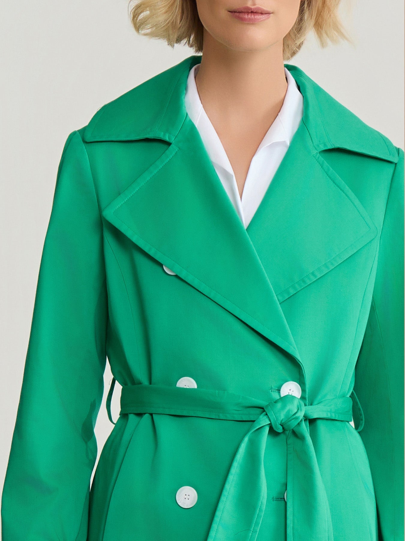 Double Breasted Trench Coat, Stretch Sateen