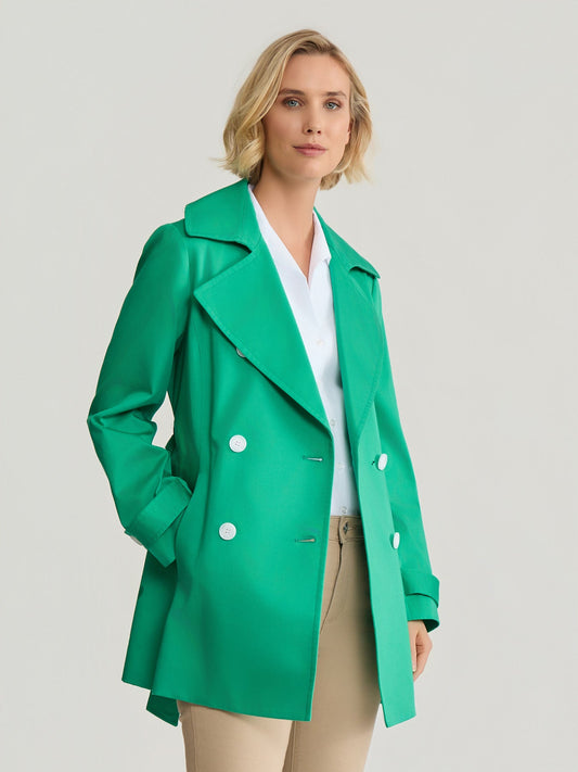 Double Breasted Trench Coat, Stretch Sateen