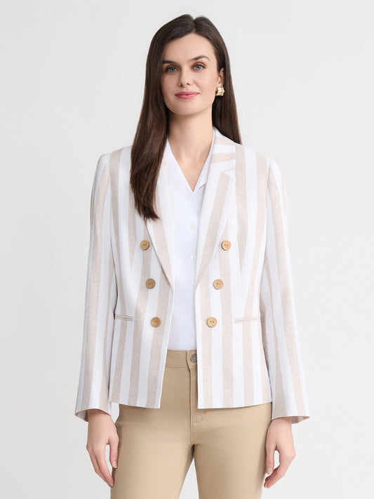 Faux Double Breasted Jacket, Linen Stripe