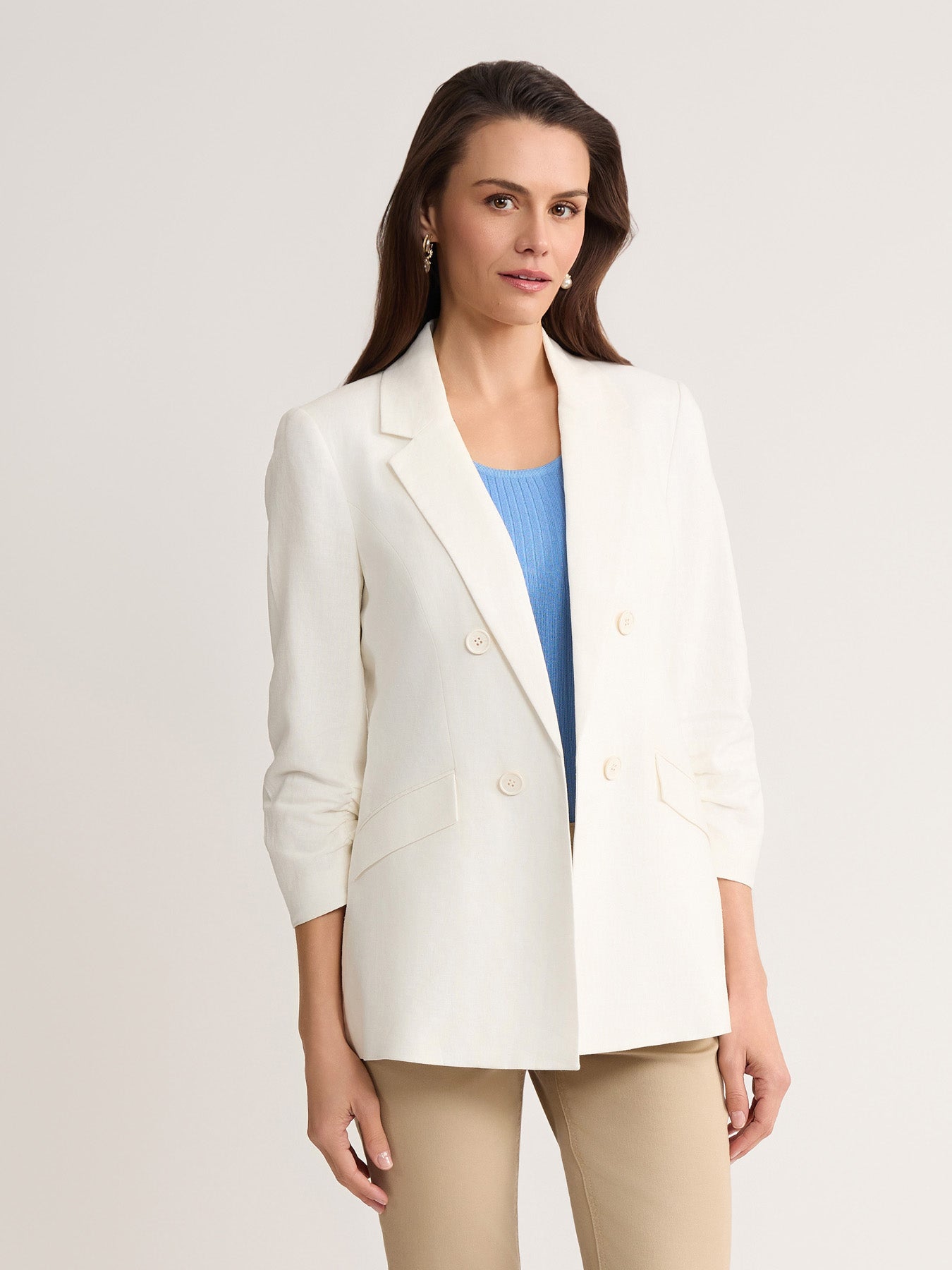 Faux Double Breasted Blazer, Linen Blend