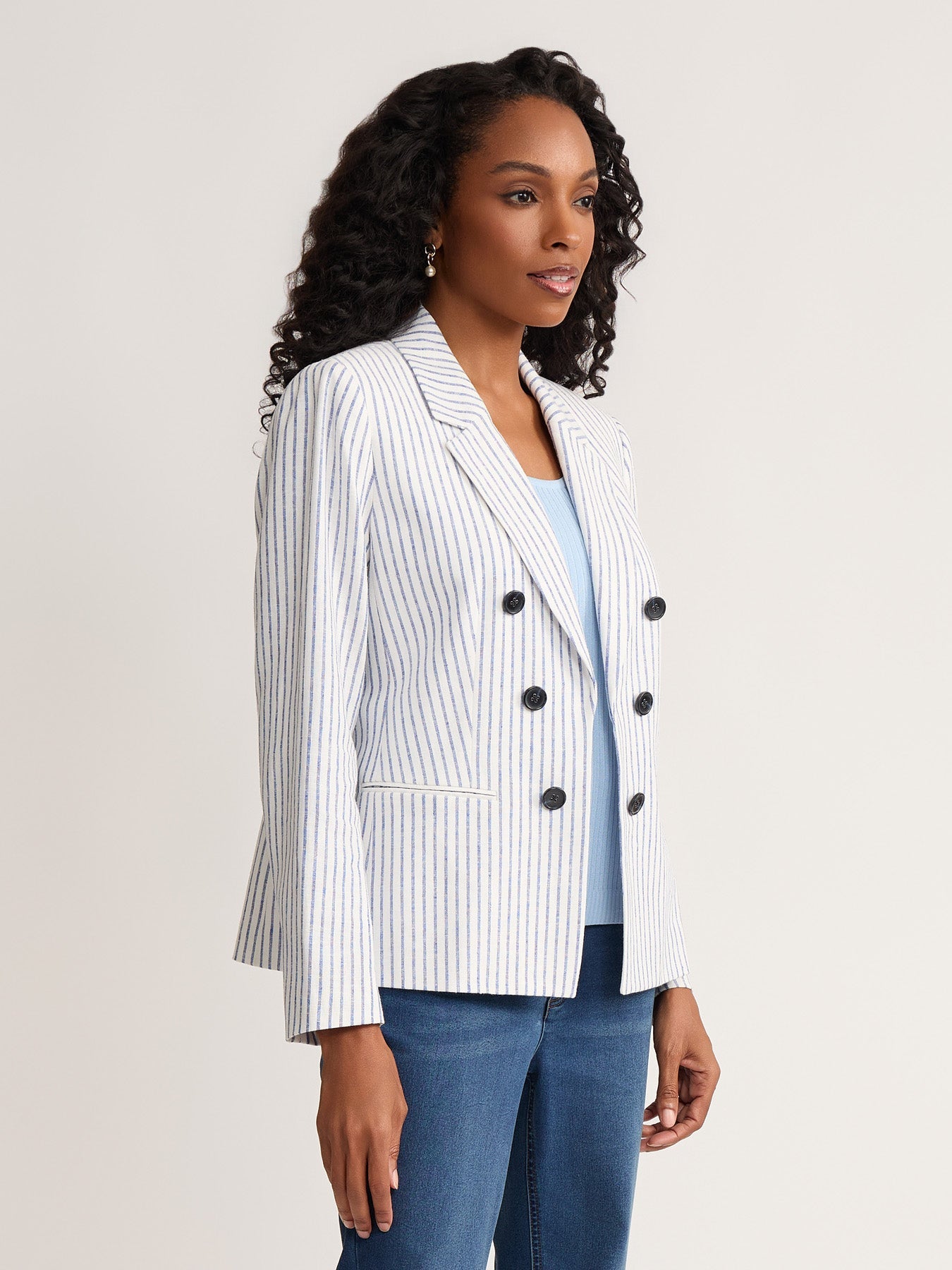 Faux Double Breasted Stripe Jacket, Linen