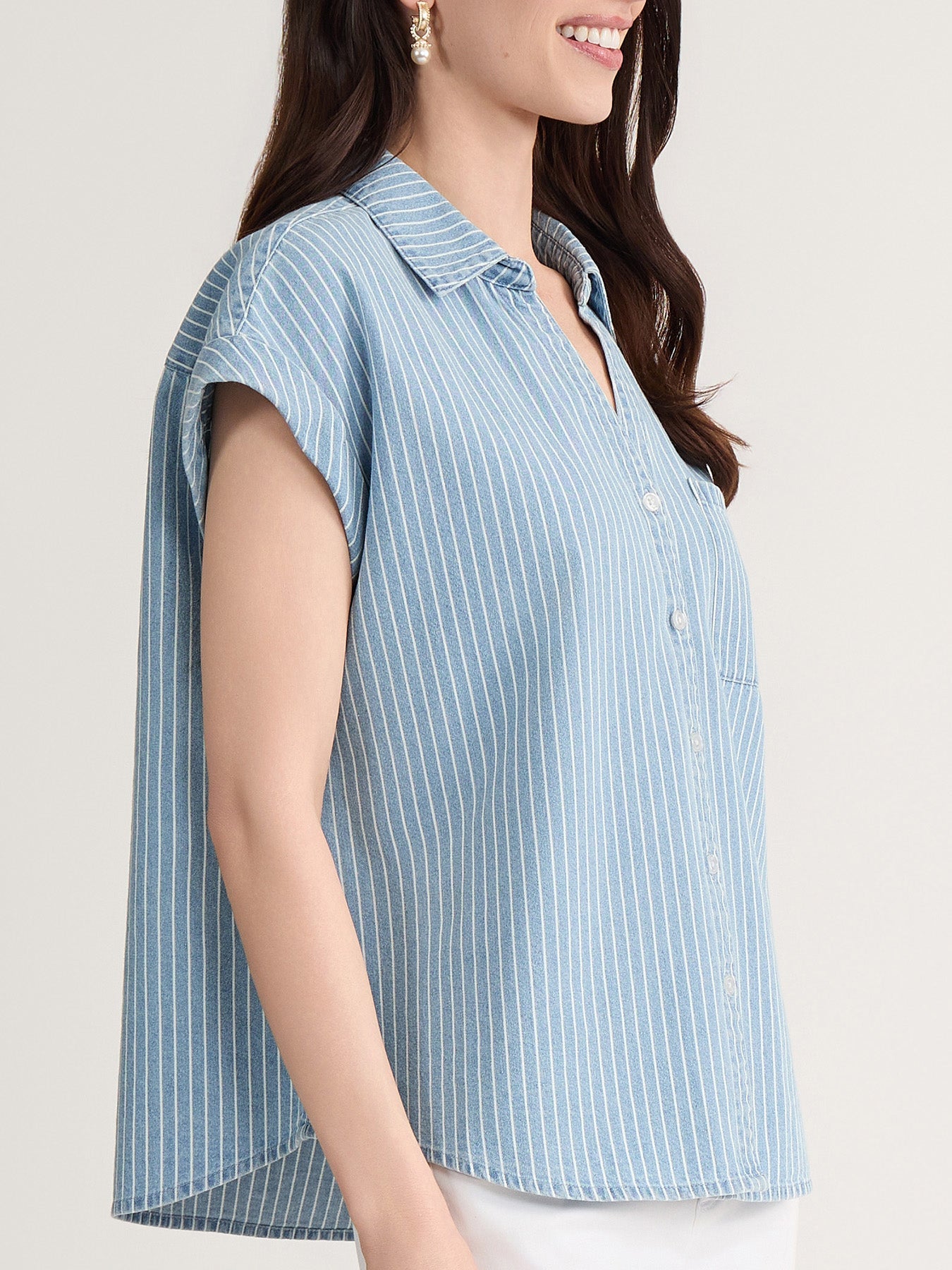 Petite Short Sleeve Button Front Shirt, Chambray
