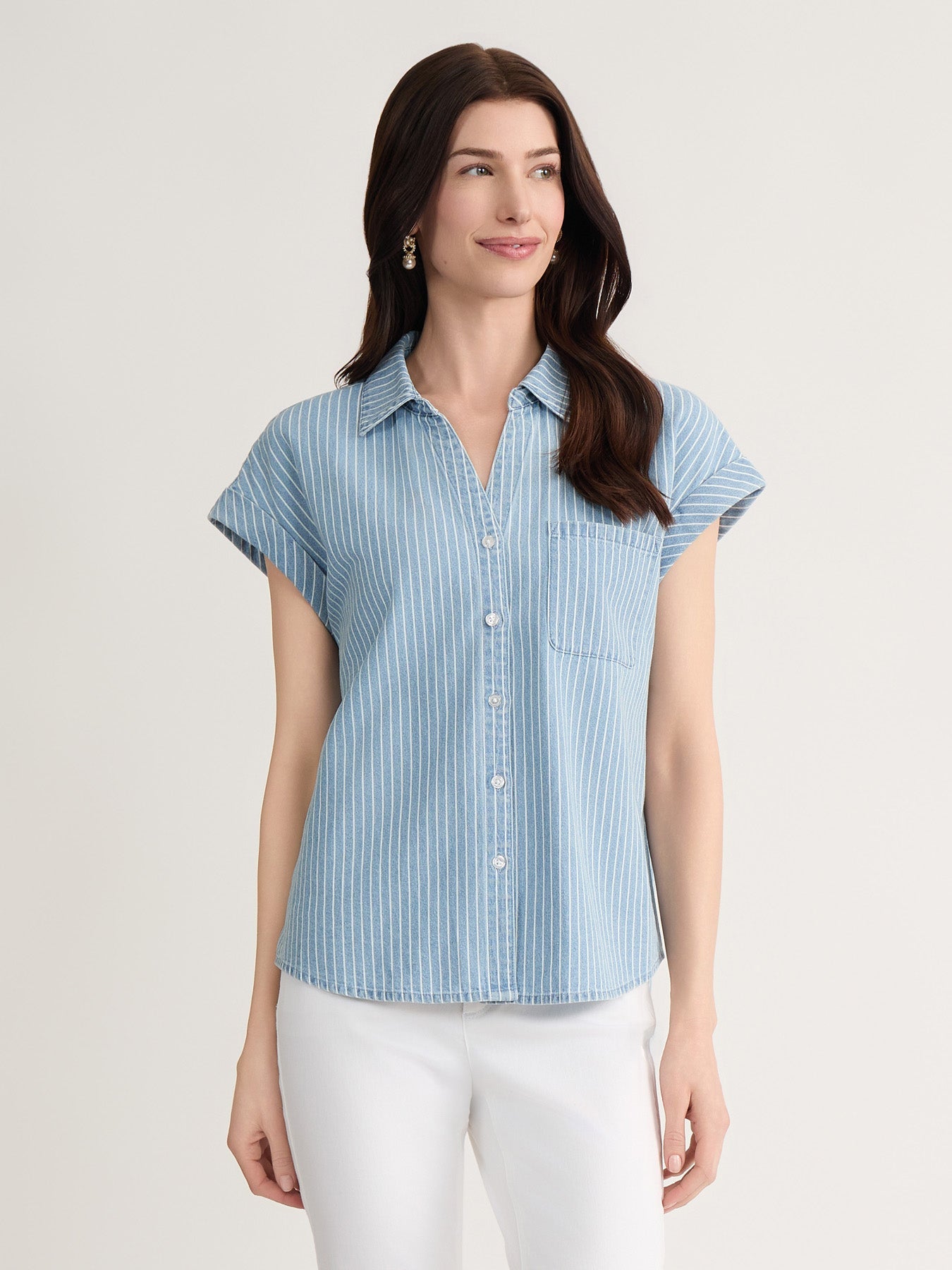 Petite Short Sleeve Button Front Shirt, Chambray