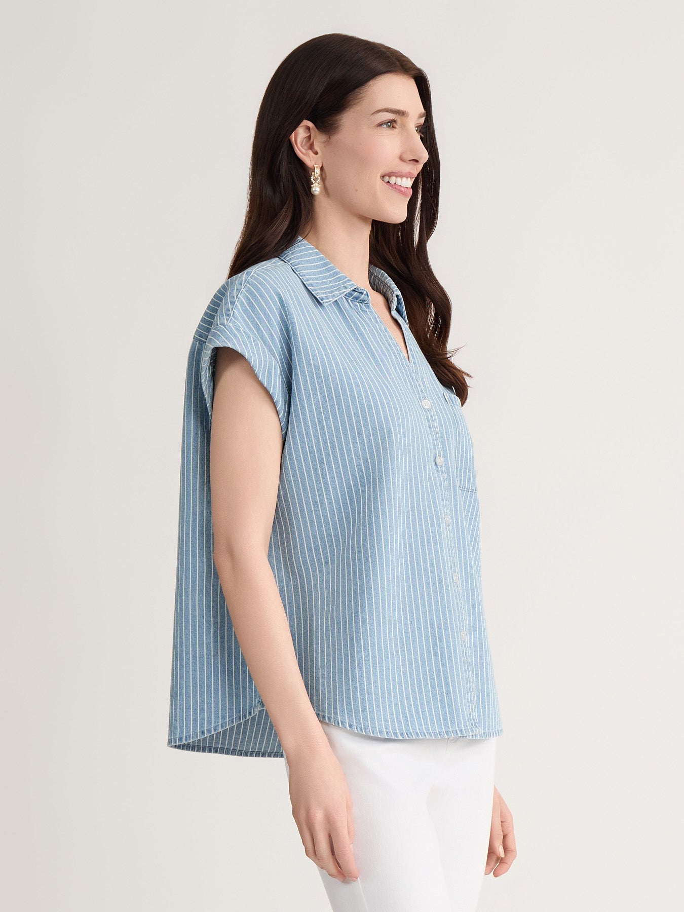 Petite Short Sleeve Button Front Shirt, Chambray
