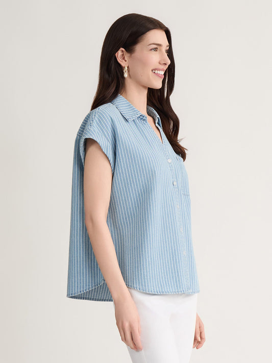 Petite Short Sleeve Button Front Shirt, Chambray