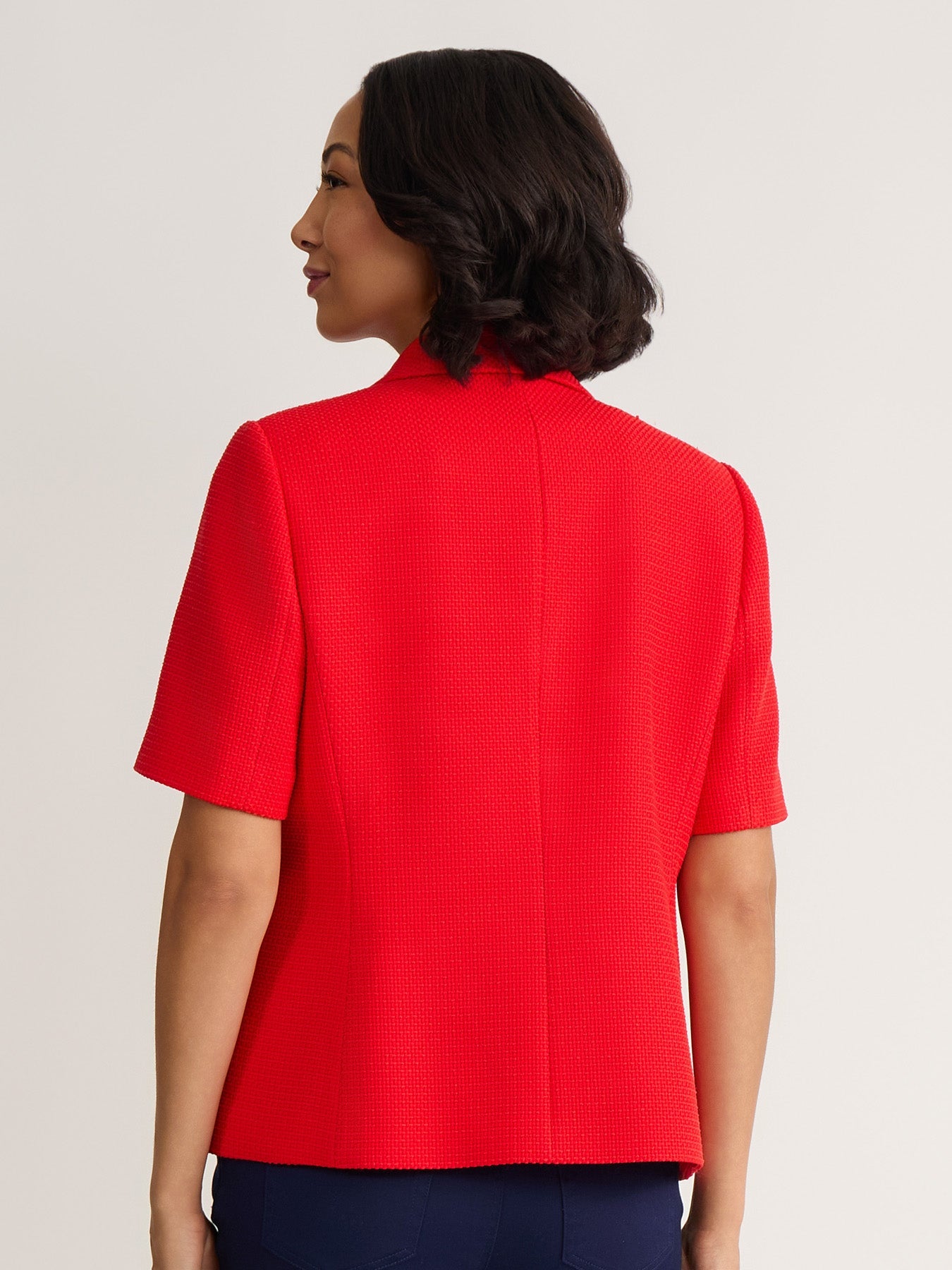 Short Sleeve Faux Double Breasted Blazer, Textured Woven
