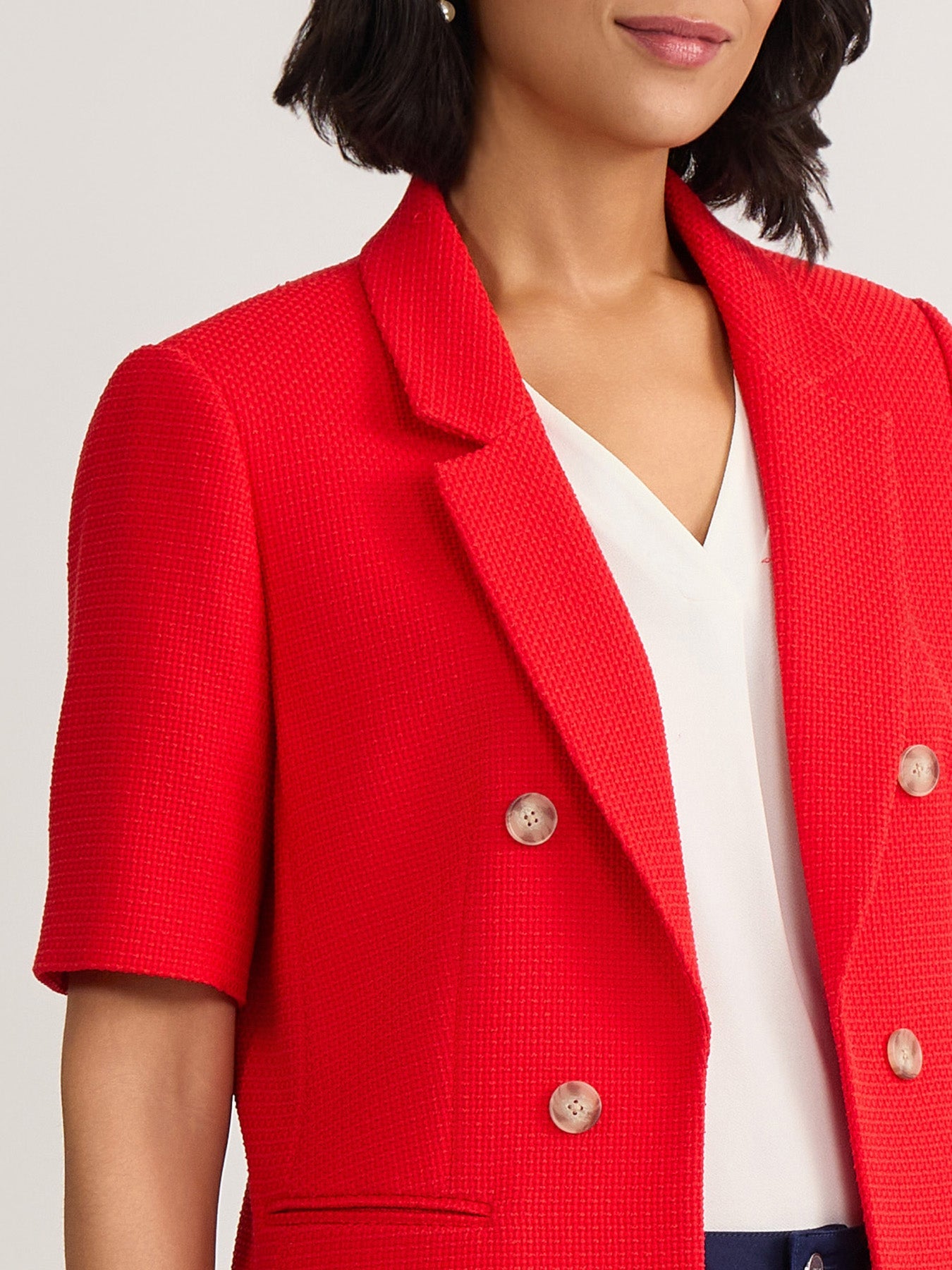 Short Sleeve Faux Double Breasted Blazer, Textured Woven