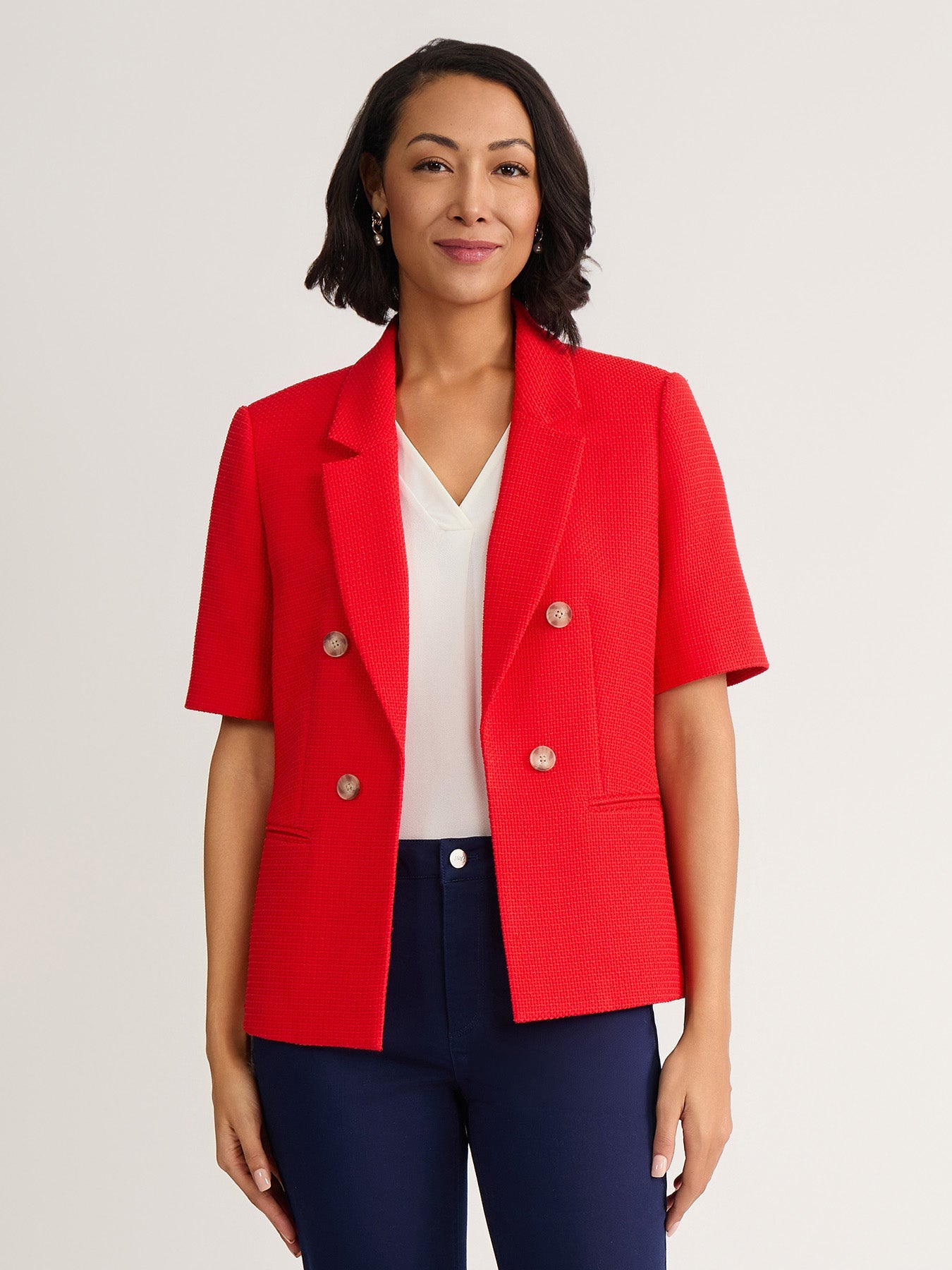 Short Sleeve Faux Double Breasted Blazer, Textured Woven