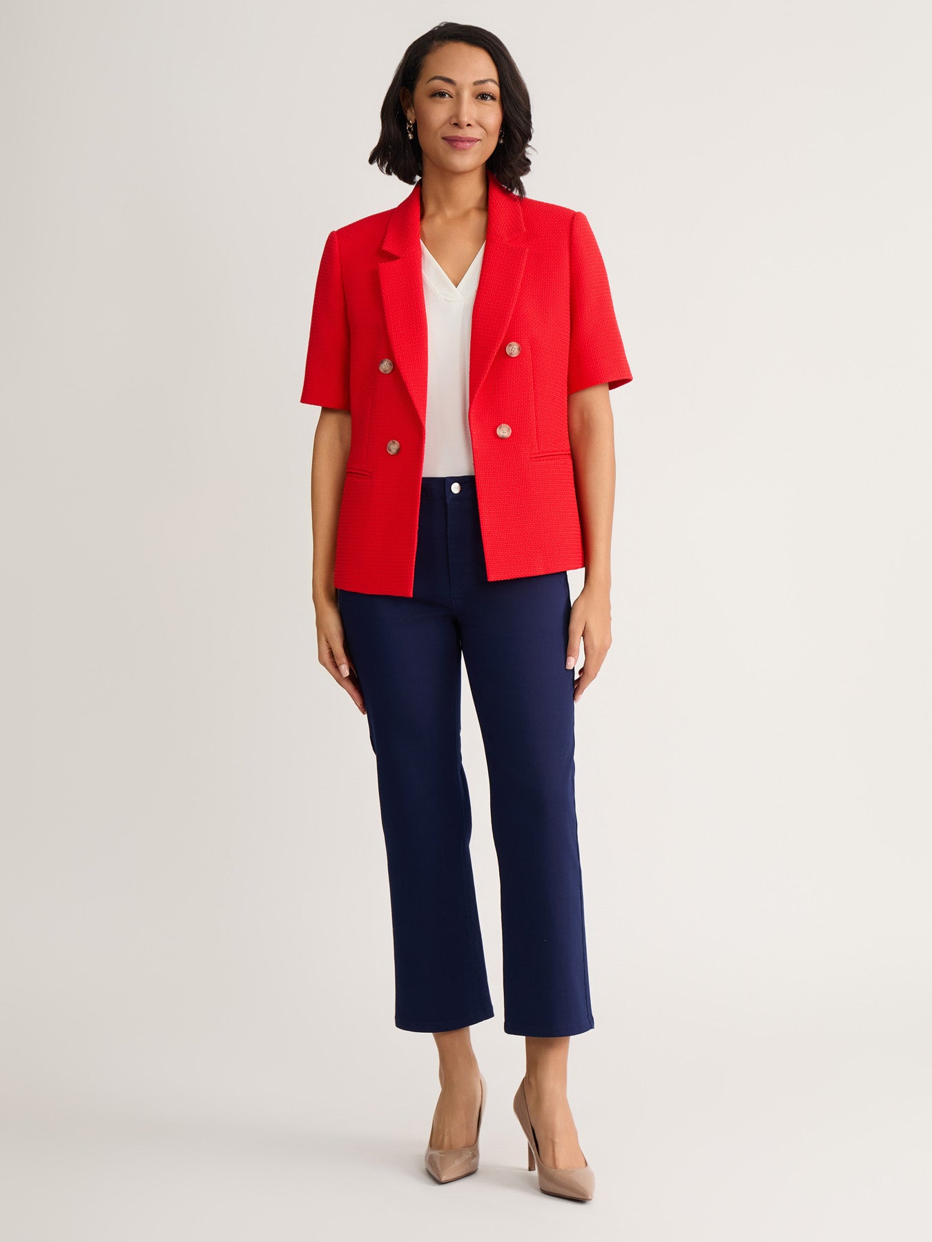 Short Sleeve Faux Double Breasted Blazer, Textured Woven