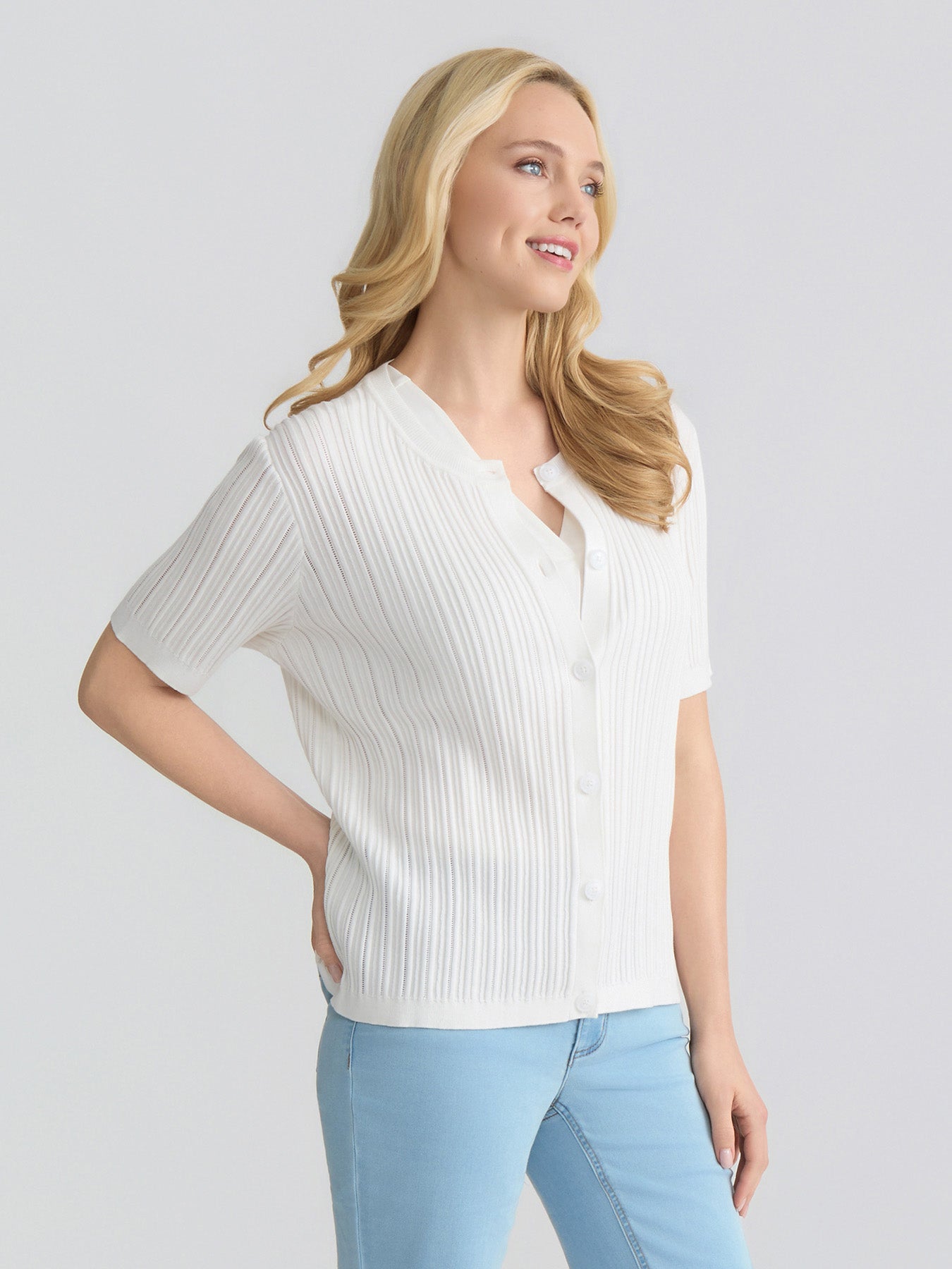 Short Sleeve Cardigan, Pointelle Knit