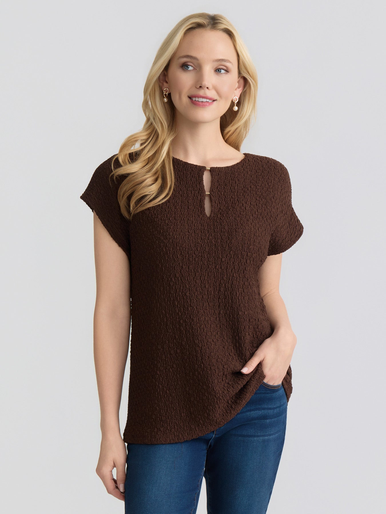 Plus Keyhole Cap Sleeve Top, Cobble Texture