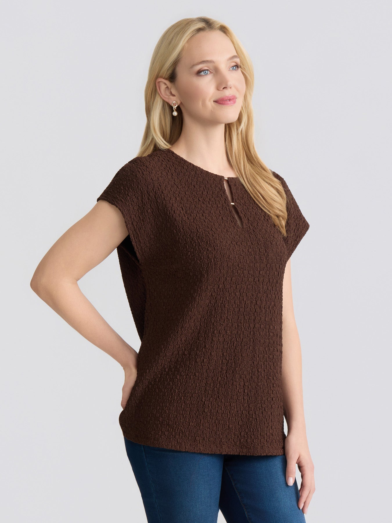 Plus Keyhole Cap Sleeve Top, Cobble Texture